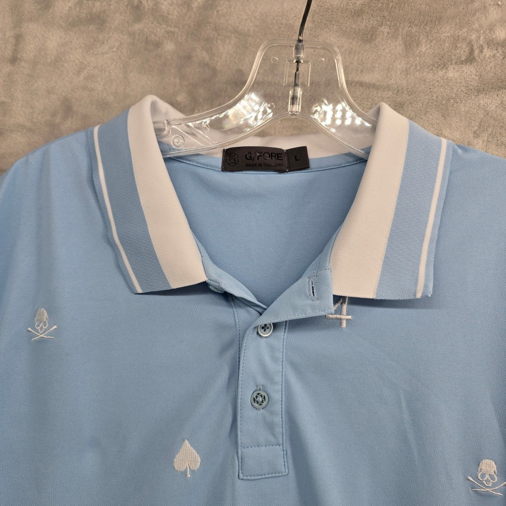 G Fore Size Large Golf Polo Shirt Light Blue Embroidered Skull Spade Trophy